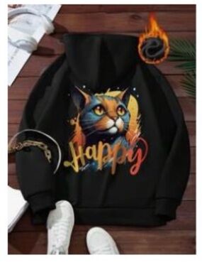 Happy Cat Graphic Hoodie - Black